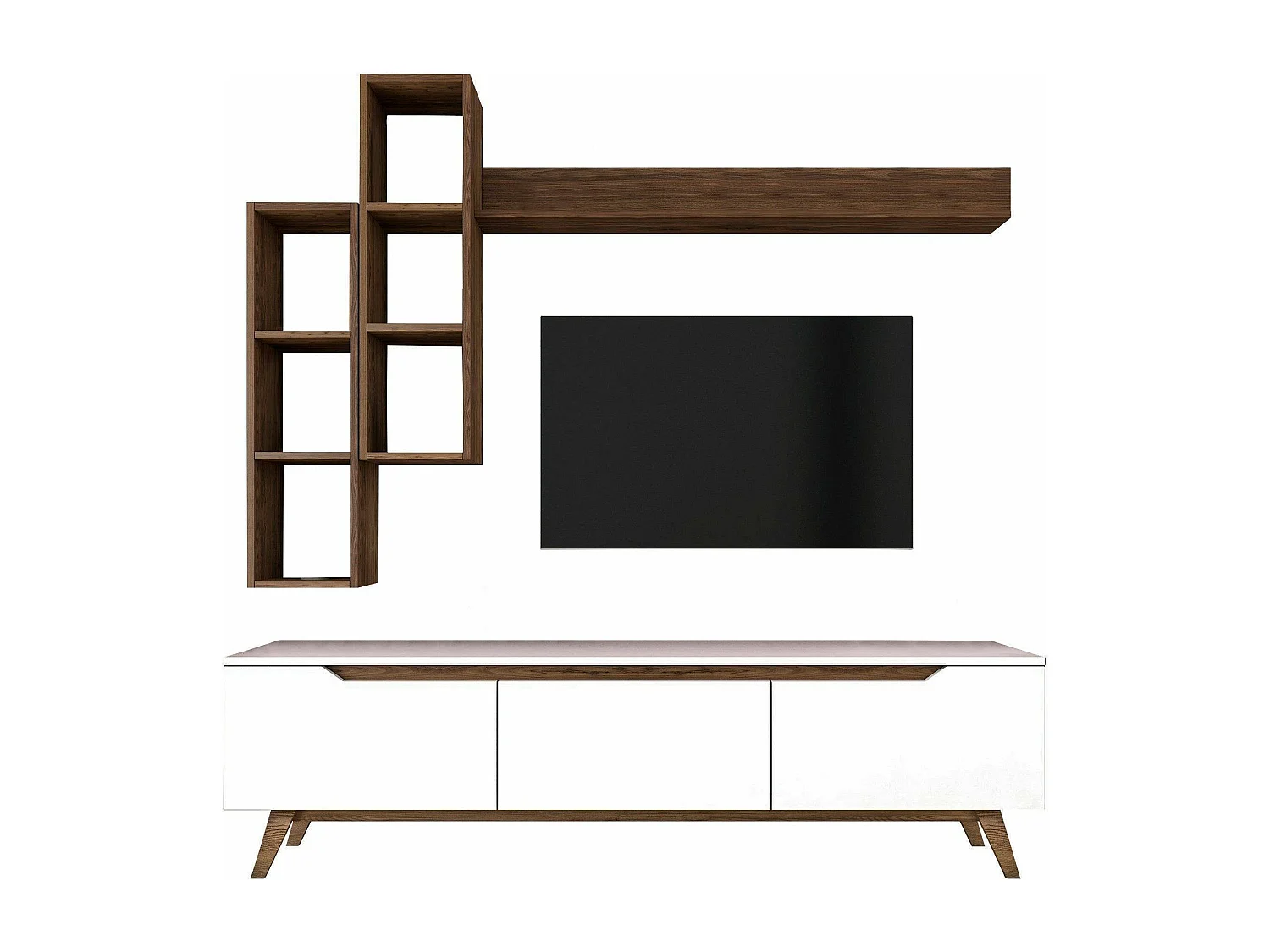 Dleonard tv-meubel, CreWoonkamer, Lage tv-meubel, Uitgeruste wandvoet, 180x35h49 cm, Wit en Walnoot