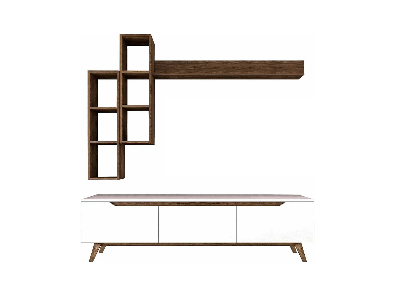 Meuble TV Erato, Buffet de salon, Armoire basse pour TV, Base murale de rangement, 180x35h49 cm, Blanc et Noyer