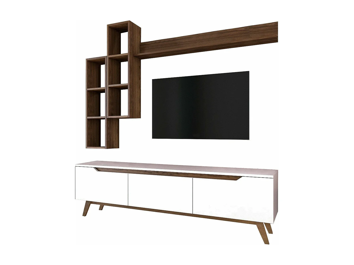 Meuble TV Erato, Buffet de salon, Armoire basse pour TV, Base murale de rangement, 180x35h49 cm, Blanc et Noyer