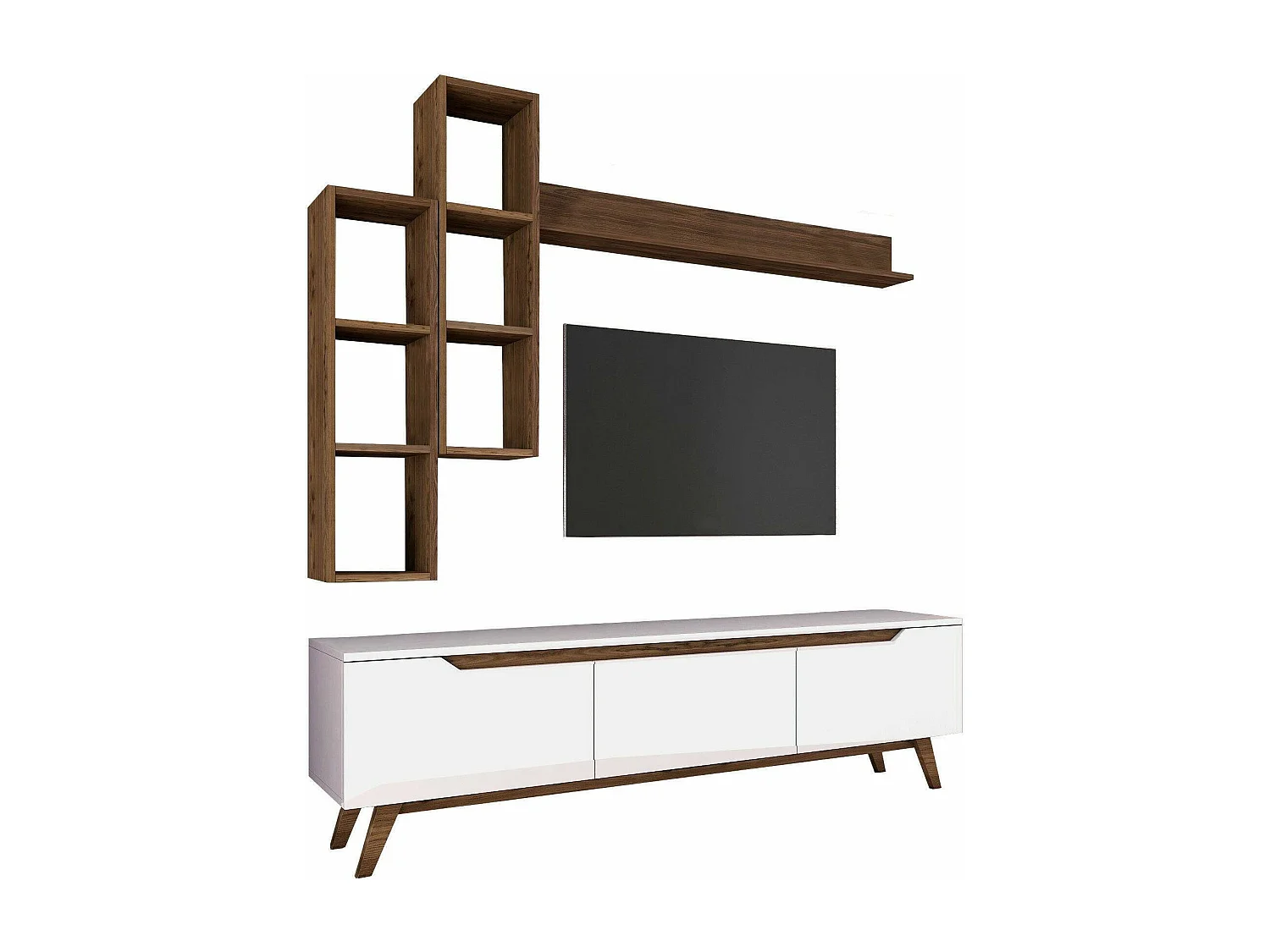 Meuble TV Erato, Buffet de salon, Armoire basse pour TV, Base murale de rangement, 180x35h49 cm, Blanc et Noyer