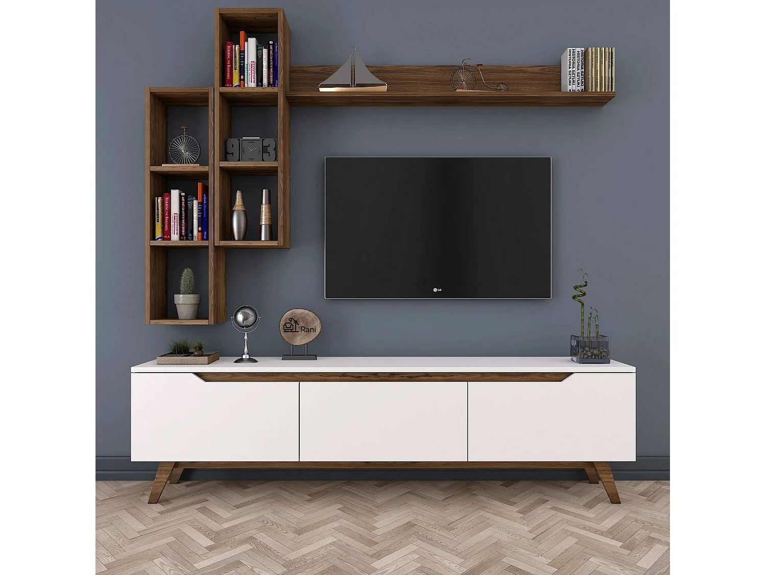 Meuble TV Erato, Buffet de salon, Armoire basse pour TV, Base murale de rangement, 180x35h49 cm, Blanc et Noyer