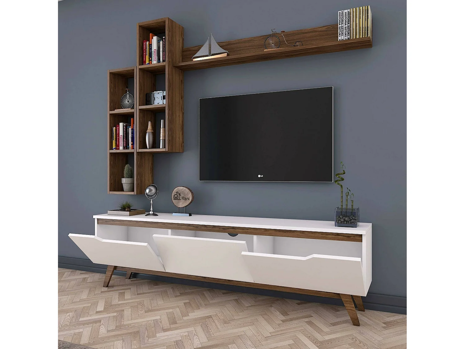 Suporte de TV Dleonard, CreDenza de sala de estar, armário baixo para TV, base de parede equipada, 180x35h49 cm, branco e nogueira