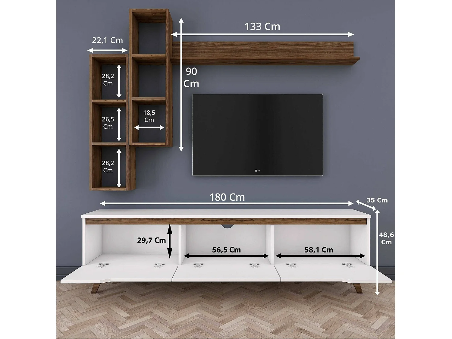 Fernsehschrank Dleonard, Ständer für Wohnzimmerfernseher, Niedriges Wohnzimmer-Sideboard, TV-Ständerbasis, 180x35h49 cm, WeiÃŸ und Walnuss