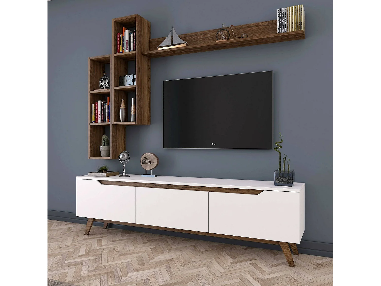Fernsehschrank Dleonard, Ständer für Wohnzimmerfernseher, Niedriges Wohnzimmer-Sideboard, TV-Ständerbasis, 180x35h49 cm, WeiÃŸ und Walnuss