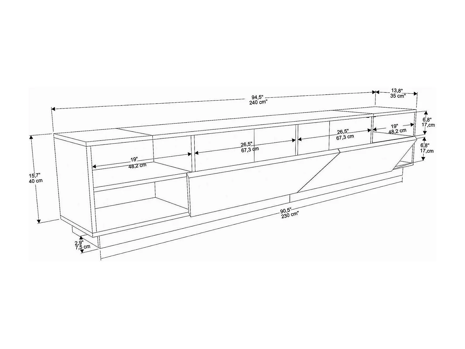 Armário de TV Dpazienz, Aparador de sala, Armário de TV baixo, Base de parede equipada, 240x37h47 cm, Branco