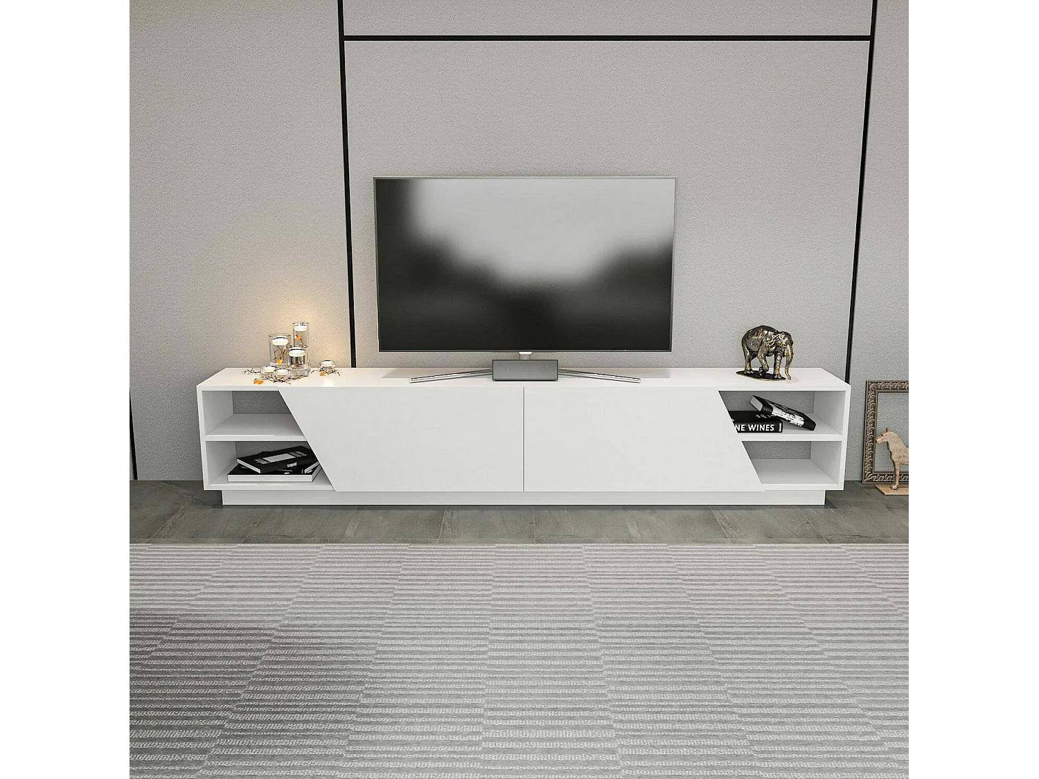 Meuble TV Nyx, Buffet de salon, Armoire basse pour TV, Base murale de rangement, 240x37h47 cm, Blanc