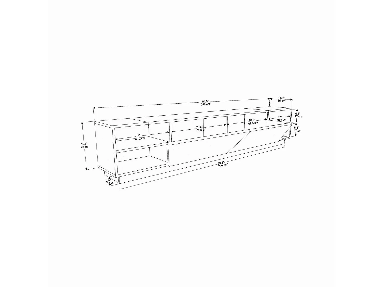 Armário de TV Dpazienz, Aparador de sala, Armário de TV baixo, Base de parede equipada, 240x37h47 cm, Branco