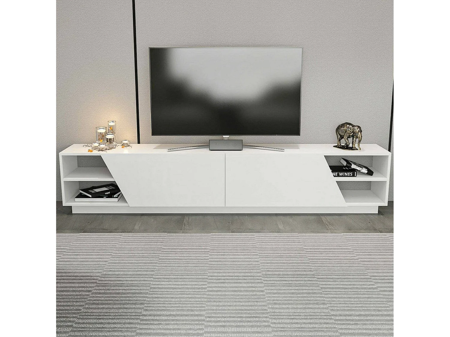 Armário de TV Dpazienz, Aparador de sala, Armário de TV baixo, Base de parede equipada, 240x37h47 cm, Branco