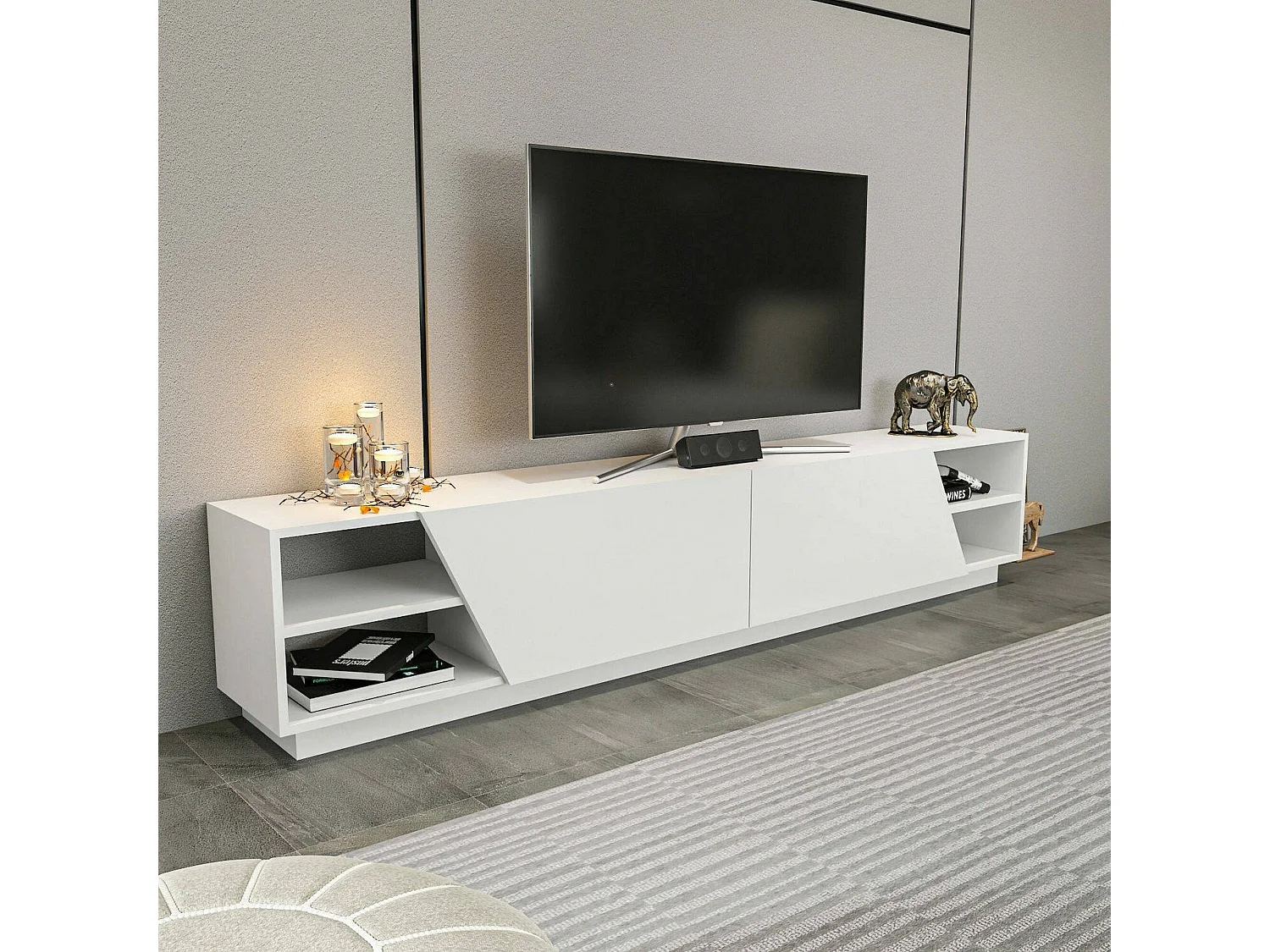 Armário de TV Dpazienz, Aparador de sala, Armário de TV baixo, Base de parede equipada, 240x37h47 cm, Branco