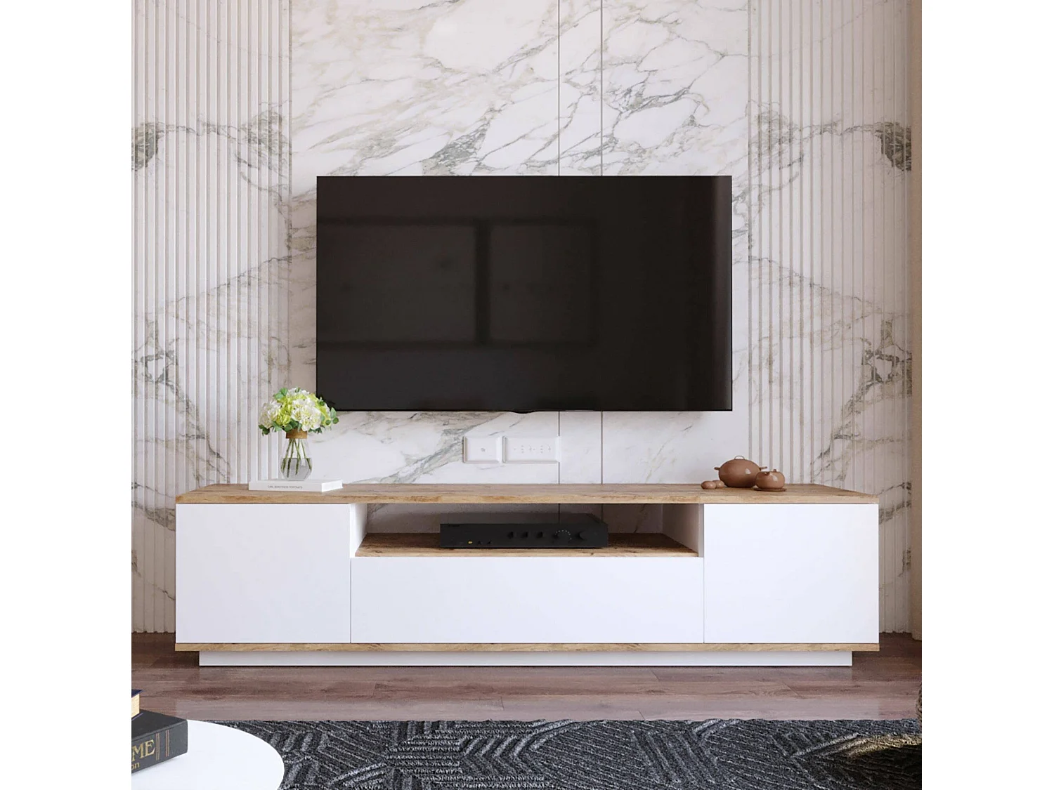 Mueble de televisión Dpierott, Aparador de salón, Mueble bajo para TV, Base de pared equipada, 180x45h45 cm, Roble y Blanco