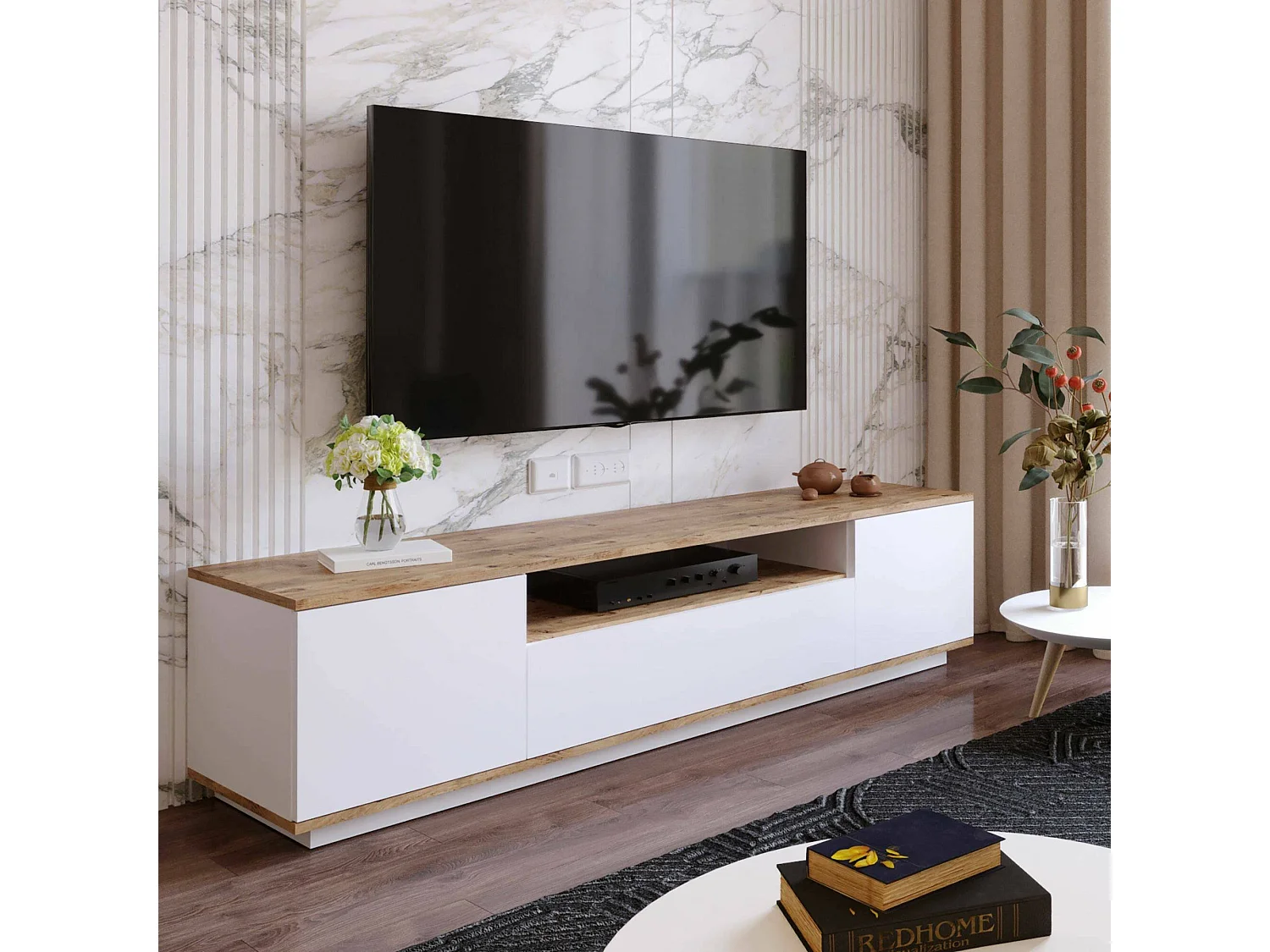 Armário de suporte de TV Dpierott, Aparador de sala, Armário de TV baixo, Base de parede equipada, 180x45h45 cm, Carvalho e Branco