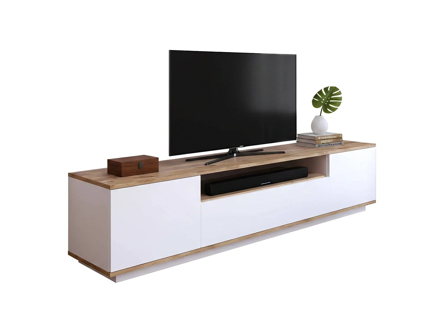Meuble TV Sinope, Buffet de salon, Armoire basse pour TV, Base murale de rangement, 180x45h45 cm, Chêne et Blanc