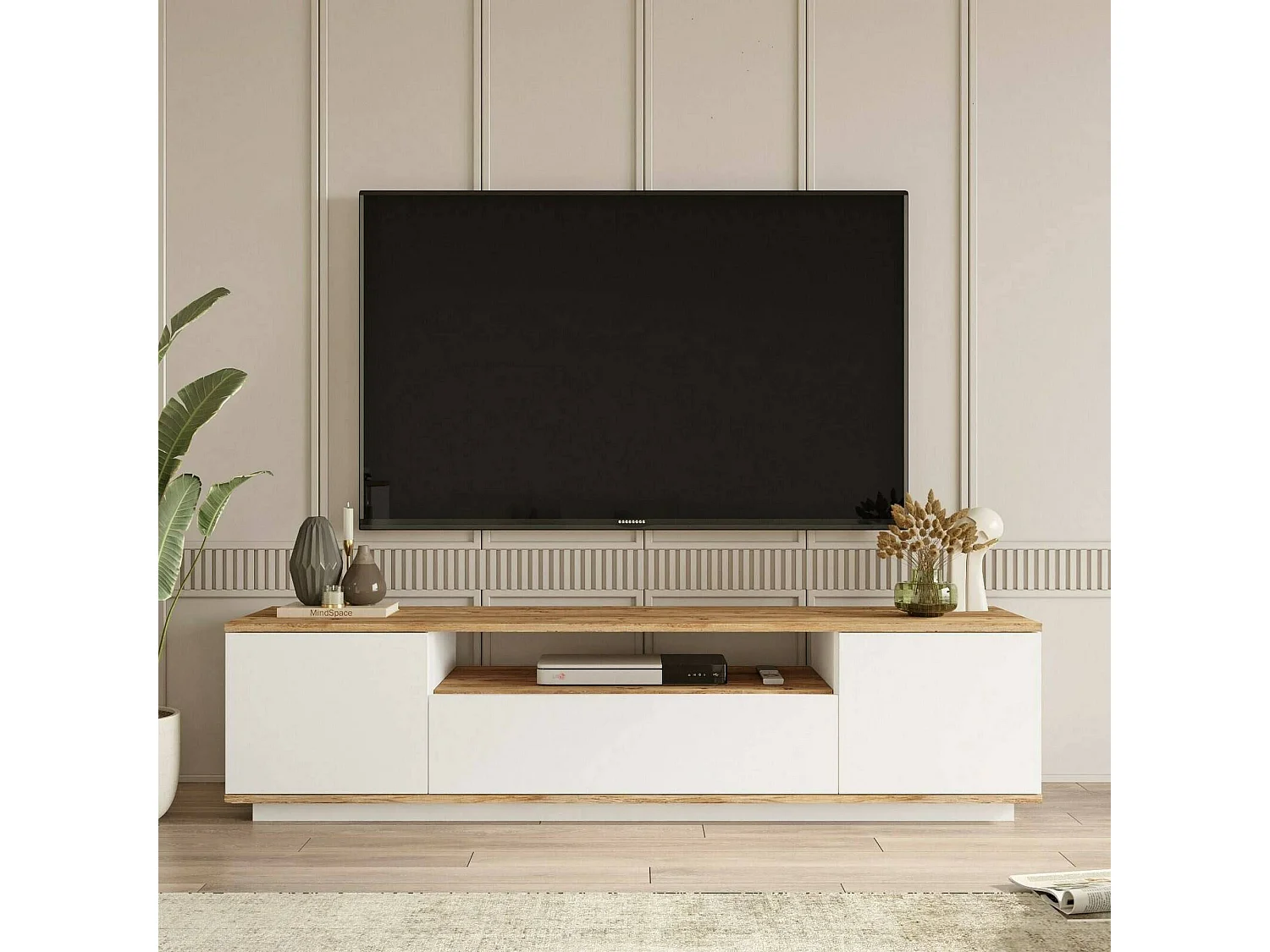 Meuble TV Sinope, Buffet de salon, Armoire basse pour TV, Base murale de rangement, 180x45h45 cm, Chêne et Blanc