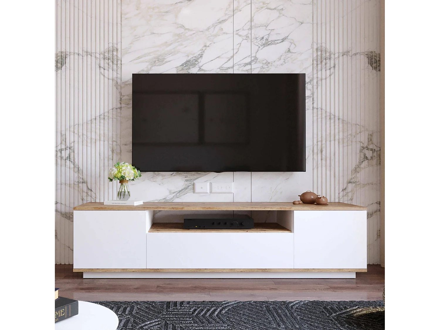 Meuble TV Sinope, Buffet de salon, Armoire basse pour TV, Base murale de rangement, 180x45h45 cm, Chêne et Blanc