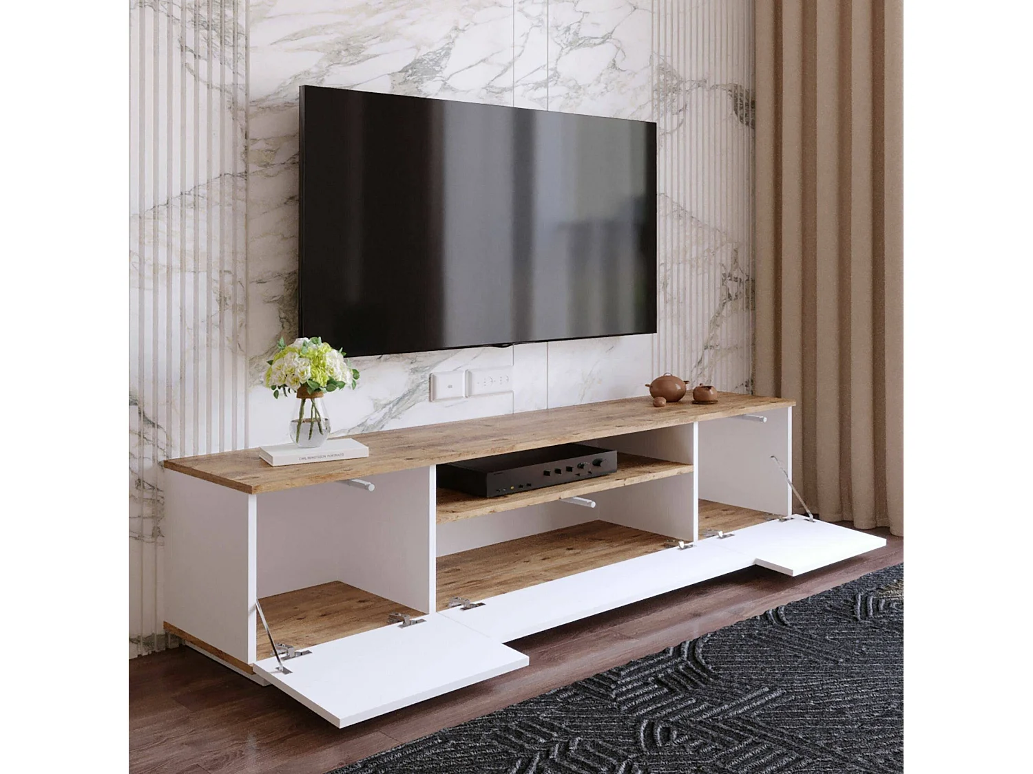 Meuble TV Sinope, Buffet de salon, Armoire basse pour TV, Base murale de rangement, 180x45h45 cm, Chêne et Blanc