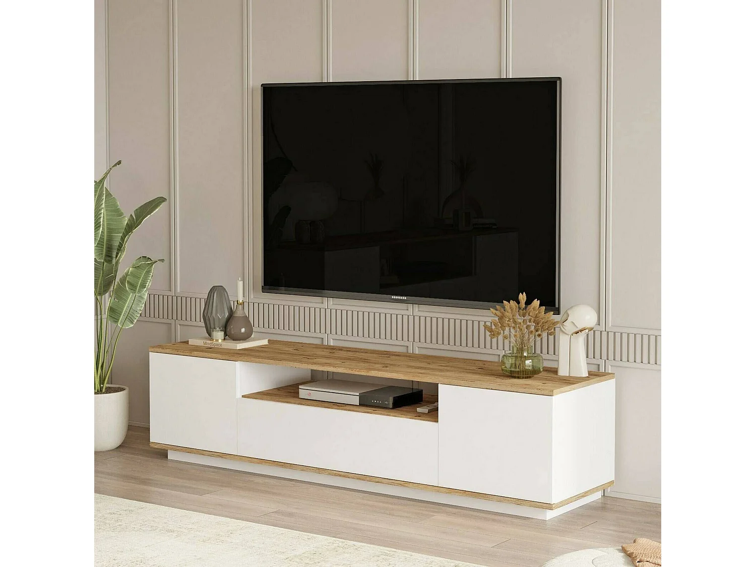Meuble TV Sinope, Buffet de salon, Armoire basse pour TV, Base murale de rangement, 180x45h45 cm, Chêne et Blanc