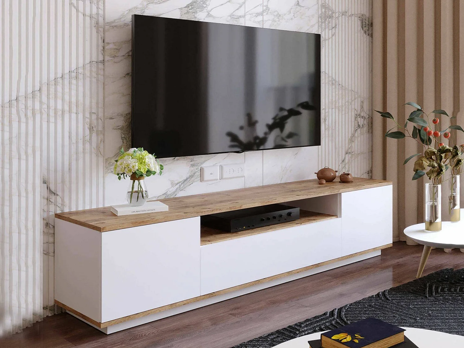 Meuble TV Sinope, Buffet de salon, Armoire basse pour TV, Base murale de rangement, 180x45h45 cm, Chêne et Blanc