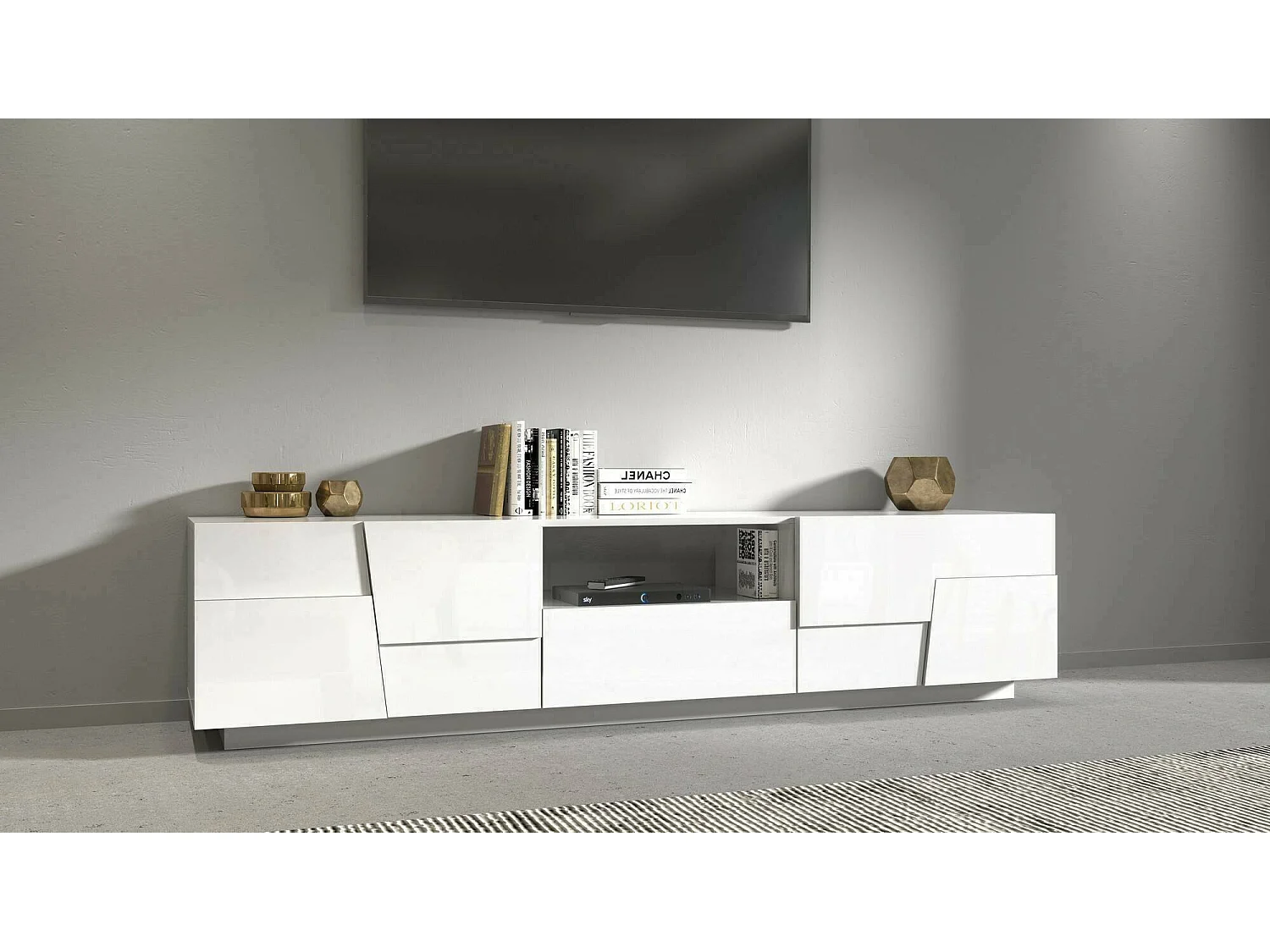 Meuble TV Vanni, Buffet bas de salon avec 4 portes et 1 tiroir, Base meuble TV, 220x44h46 cm, Blanc brillant