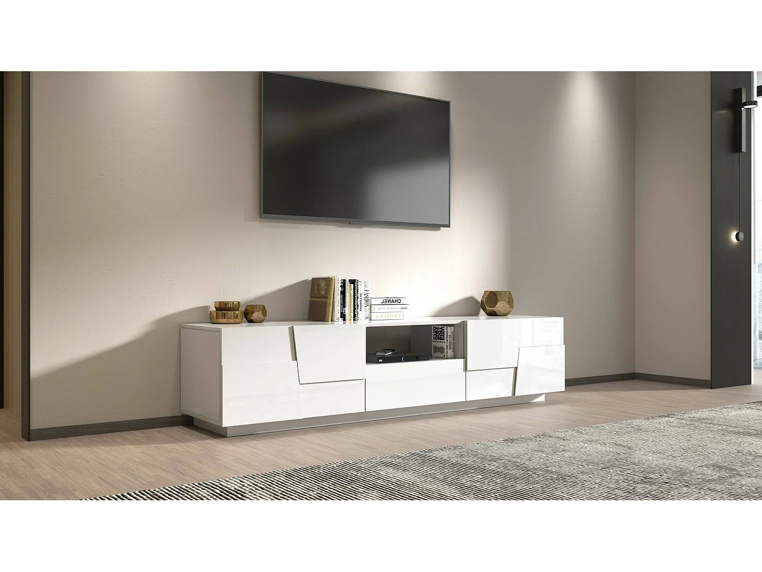 Meuble TV Vanni, Buffet bas de salon avec 4 portes et 1 tiroir, Base meuble TV, 220x44h46 cm, Blanc brillant