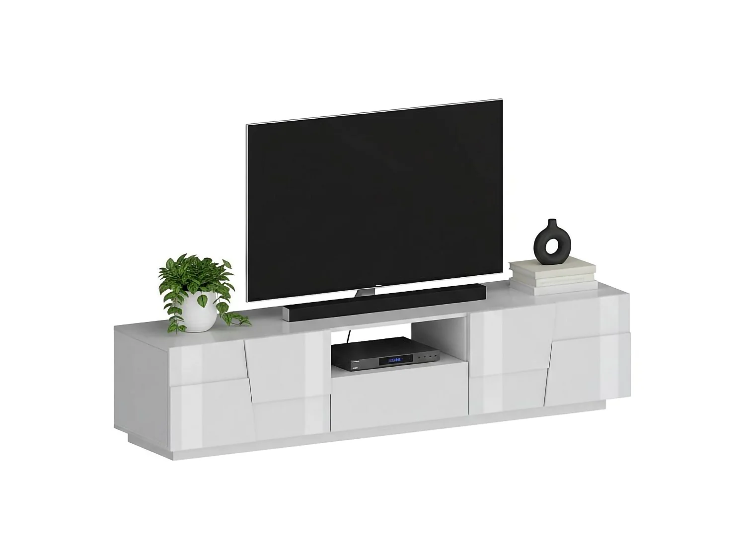 Meuble TV Vanni, Buffet bas de salon avec 4 portes et 1 tiroir, Base meuble TV, 220x44h46 cm, Blanc brillant