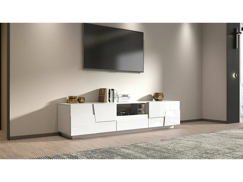 Meuble TV Vanni, Buffet bas de salon avec 4 portes et 1 tiroir, Base meuble TV, 220x44h46 cm, Blanc brillant