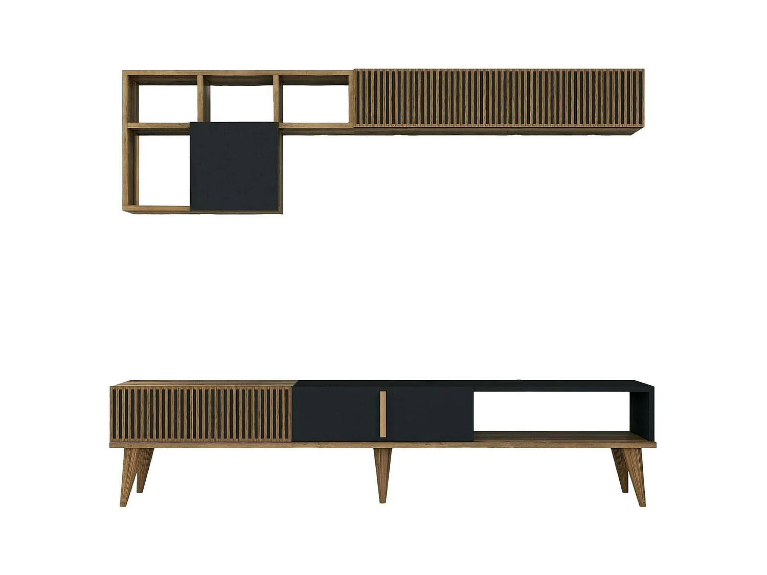 Meuble Mural Gemini, Composition du salon, Meubles de salon polyvalents, Meuble télé, 180x35h40 cm, Noyer et Anthracite