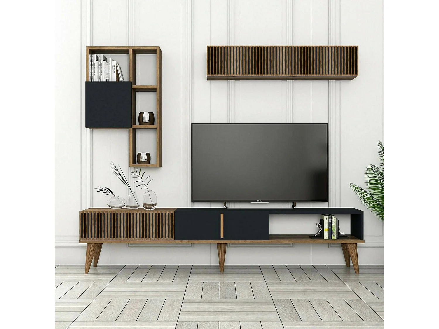 Parede equipada Dmalavas, Composição da sala de estar, Armário de sala multiusos, Armário de TV, 180x35h40 cm, Nogueira e Antracite