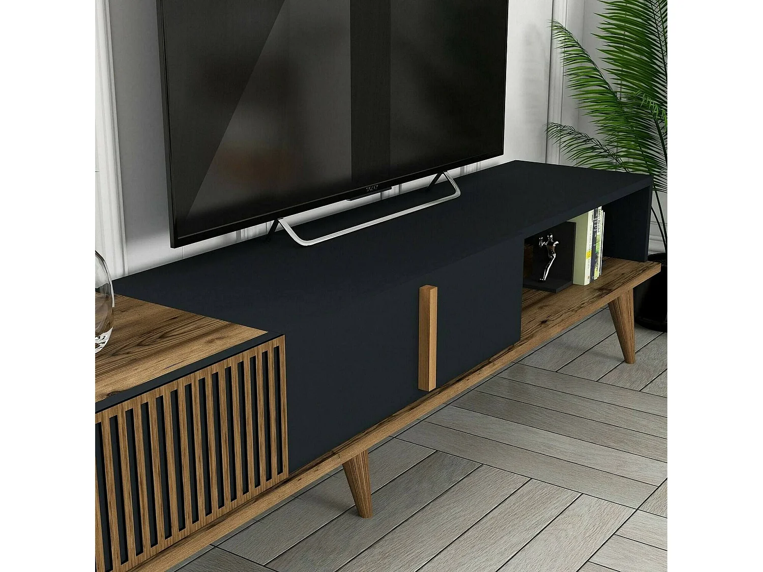 Dmora - Parete attrezzata Ostro, 180x35h40 cm, Noce e Antracite