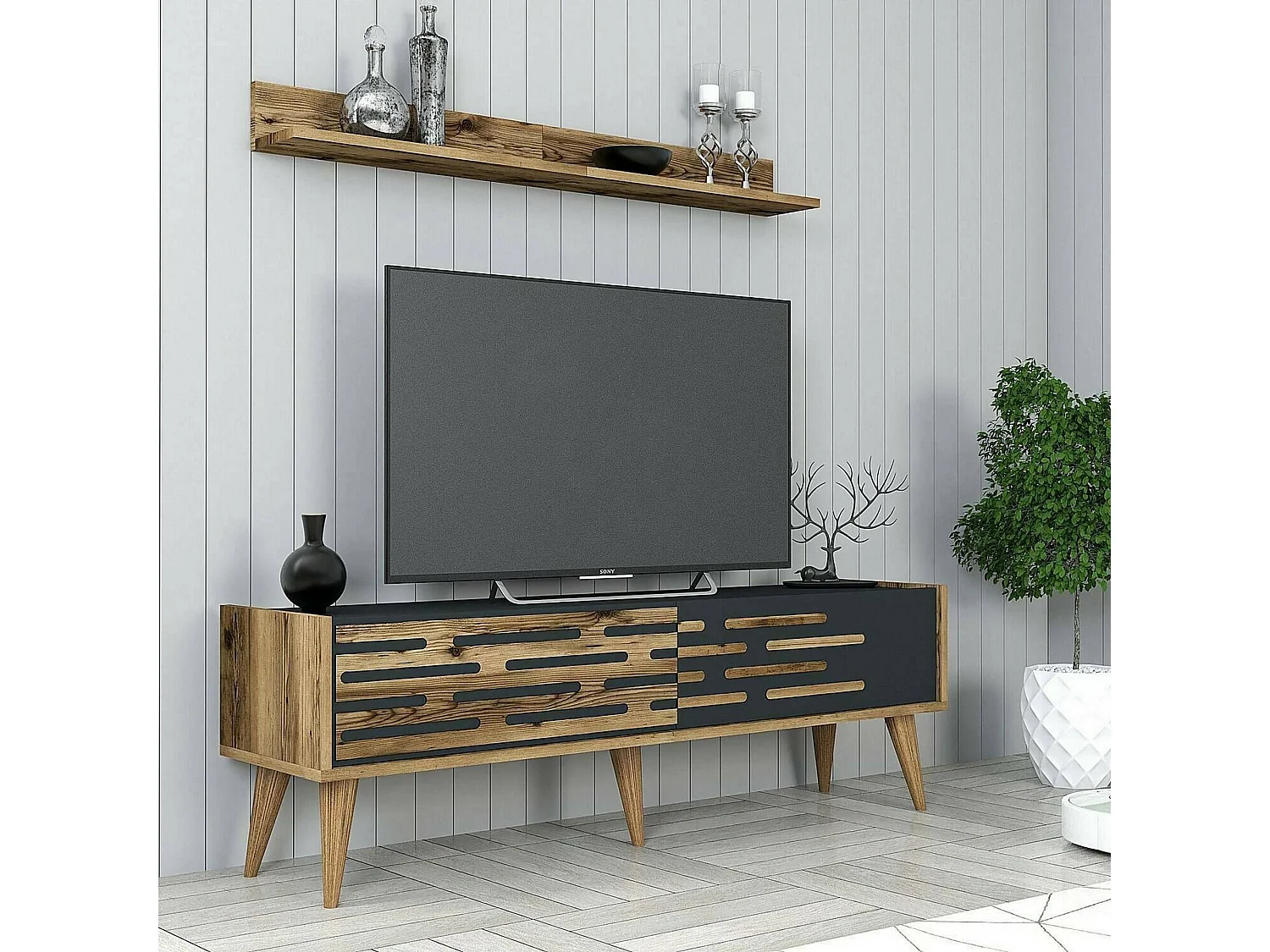 Dmora - Mobile porta TV Arsiero, 140x45h35 cm, Noce e Antracite