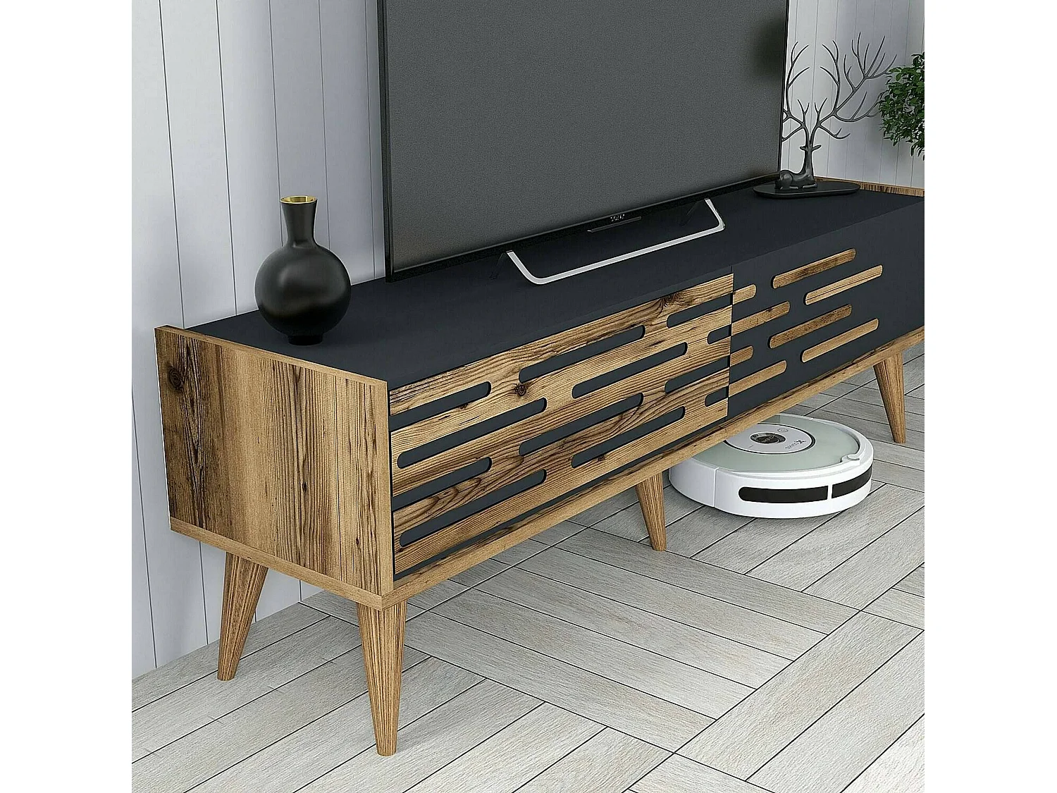 Mueble de televisión Daanesta, Aparador de salón, Mueble bajo para TV, Base de pared equipada, 140x45h35 cm, Nogal y Antracita