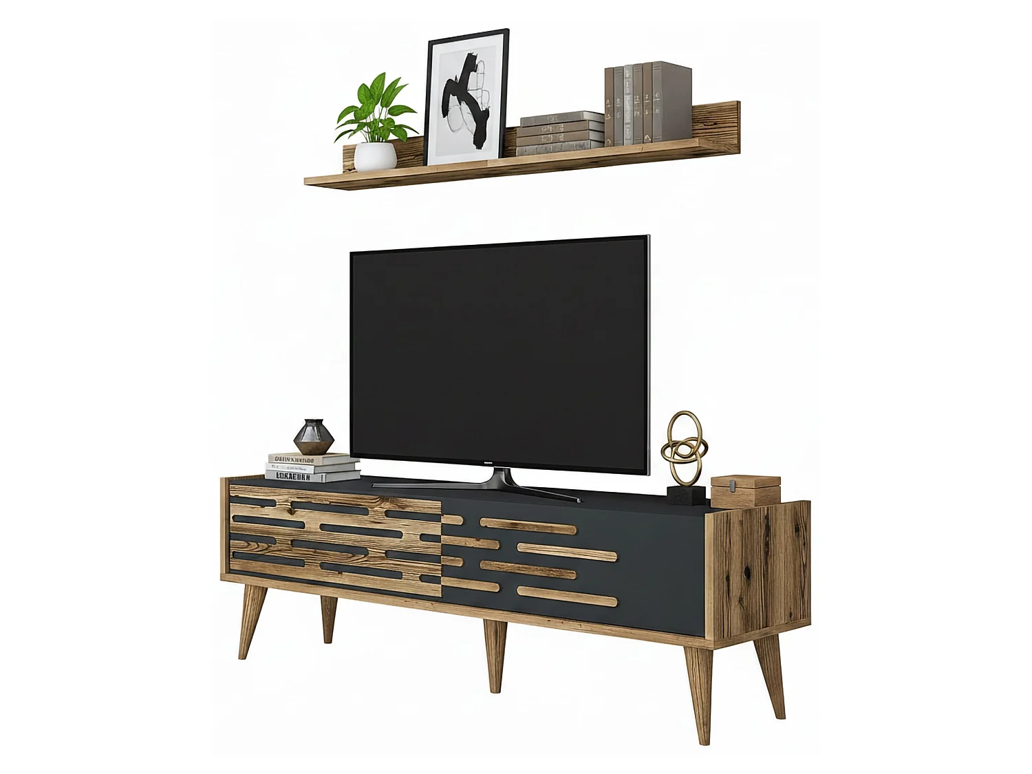 Meuble TV Achernar, Buffet de salon, Armoire basse pour TV, Base murale de rangement, 140x45h35 cm, Noyer et Anthracite