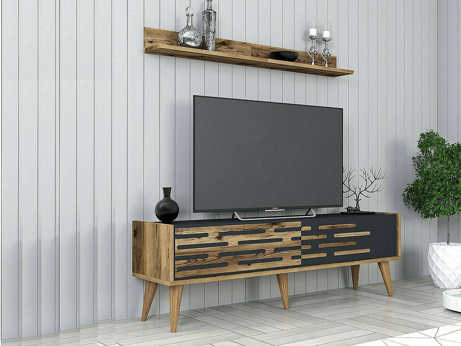 Meuble TV Achernar, Buffet de salon, Armoire basse pour TV, Base murale de rangement, 140x45h35 cm, Noyer et Anthracite