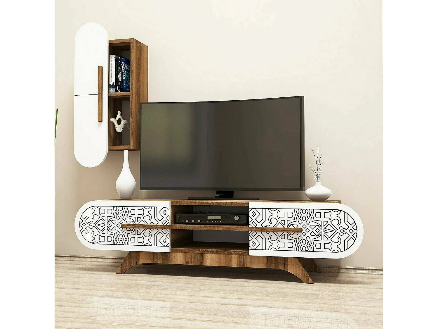 Wohnzimmermöbel Dpascucc, Modulares Wohnzimmerset, Mehrzweck-Wohnzimmermöbel, Moderner TV-Schrank, 145x35h37 cm, Walnuss und WeiÃŸ