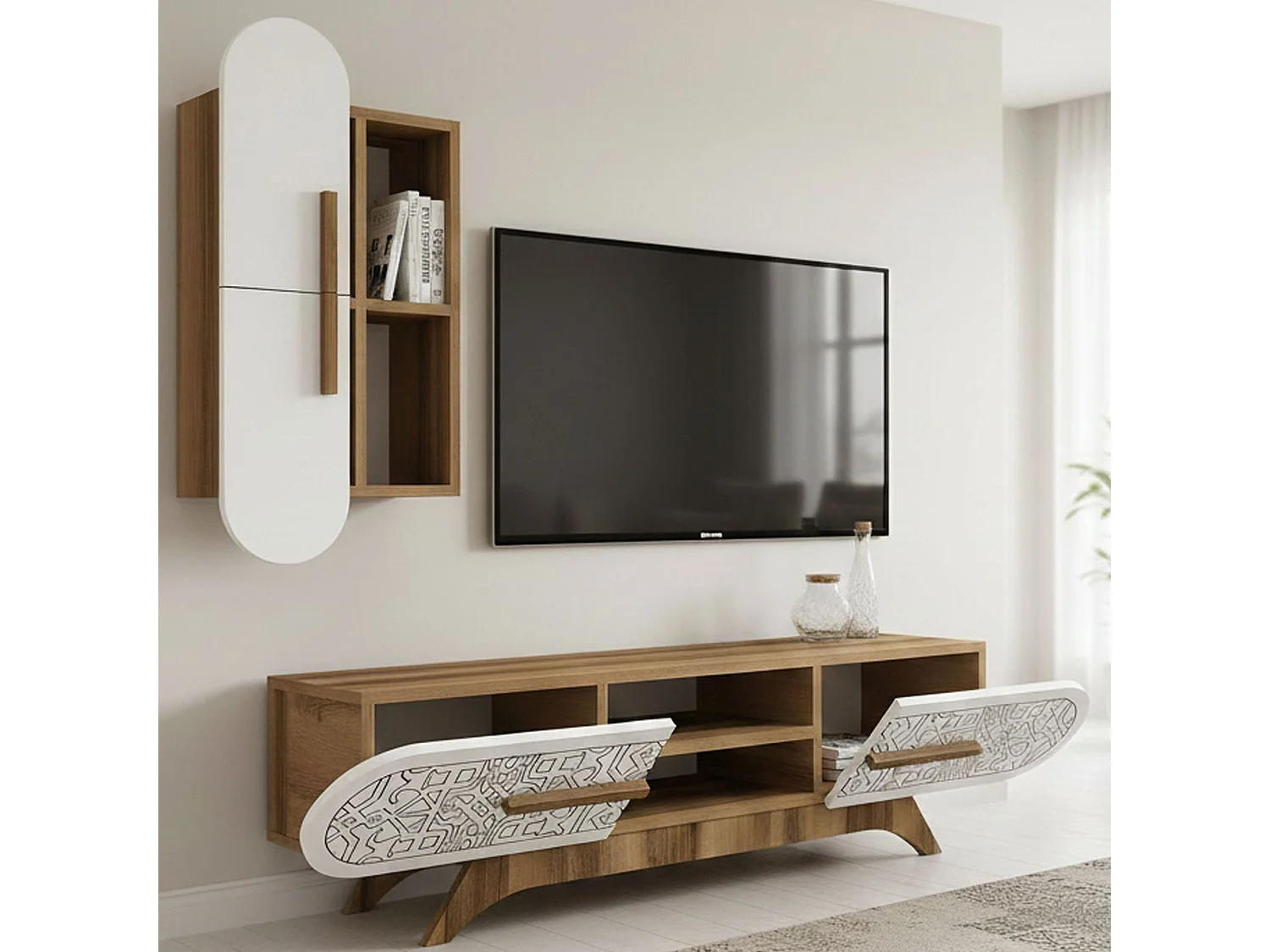 Wohnzimmermöbel Dpascucc, Modulares Wohnzimmerset, Mehrzweck-Wohnzimmermöbel, Moderner TV-Schrank, 145x35h37 cm, Walnuss und WeiÃŸ