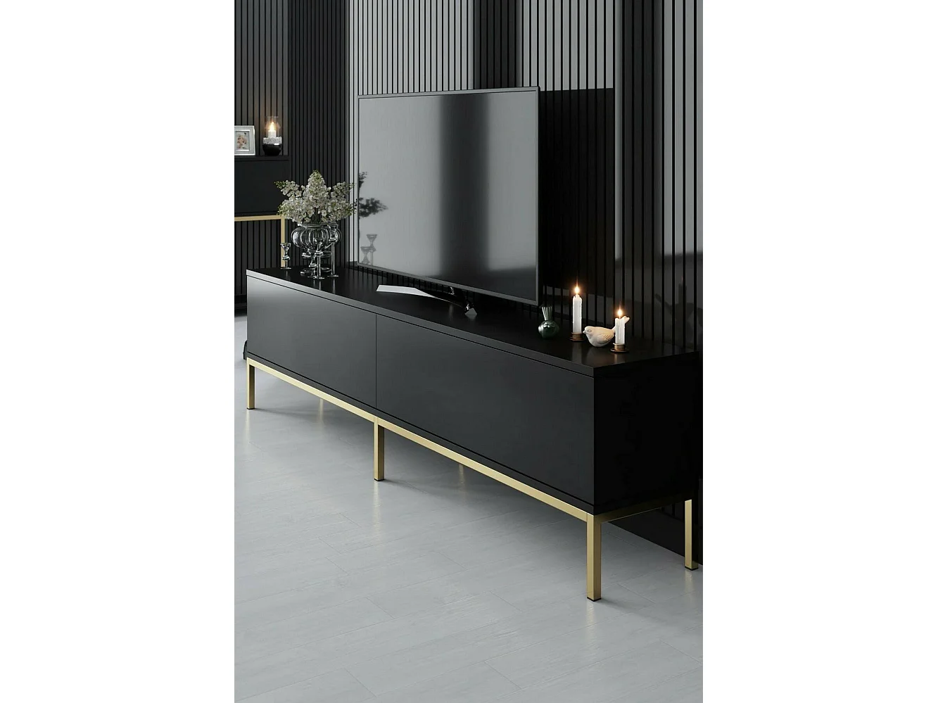 Meuble TV Regulus, Buffet de salon, Armoire basse pour TV, Base murale de rangement, 180x30h47 cm, Noir et Or