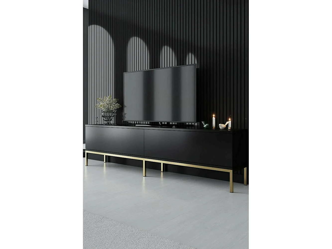 Fernsehschrank Dpetrell, Ständer für Wohnzimmerfernseher, Niedriges Wohnzimmer-Sideboard, TV-Ständerbasis, 180x30h47 cm, Schwarz und Gold