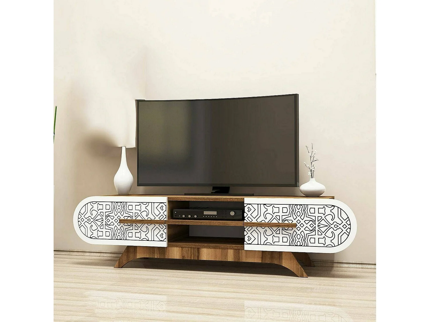 Desposit tv-meubel, bijzetmeubel, lage tv-meubel, wandstandaard, 145x37h37 cm, walnoot en wit