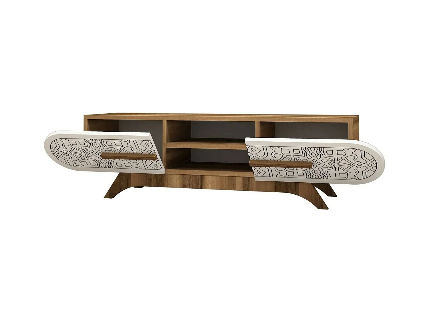 Meuble TV Alud, Buffet de salon, Armoire basse pour TV, Base murale de rangement, 145x37h37 cm, Noyer et Blanc