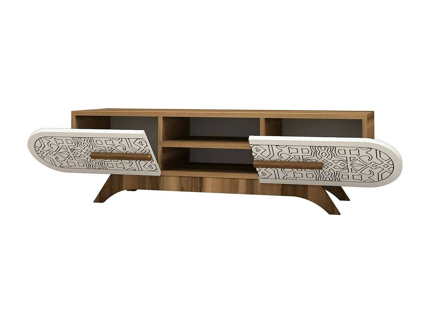 Armário de TV Desposit, Aparador de sala, Armário de TV baixo, Base de parede equipada, 145x37h37 cm, Nogueira e Branco