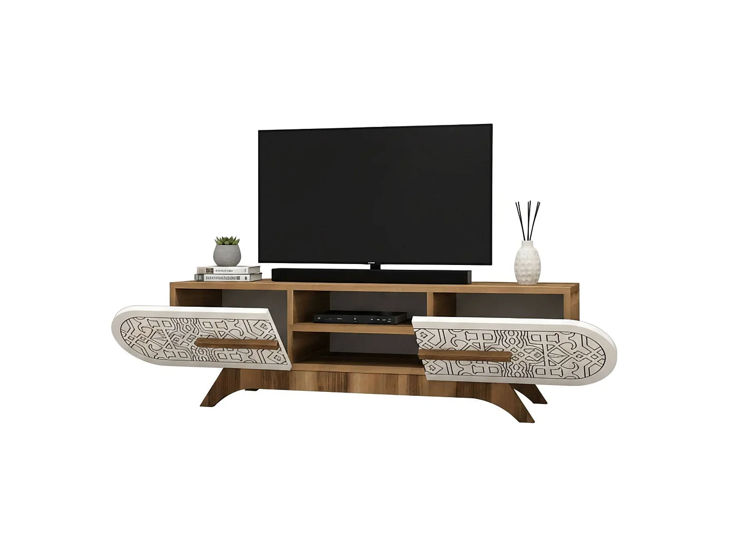 Meuble TV Alud, Buffet de salon, Armoire basse pour TV, Base murale de rangement, 145x37h37 cm, Noyer et Blanc