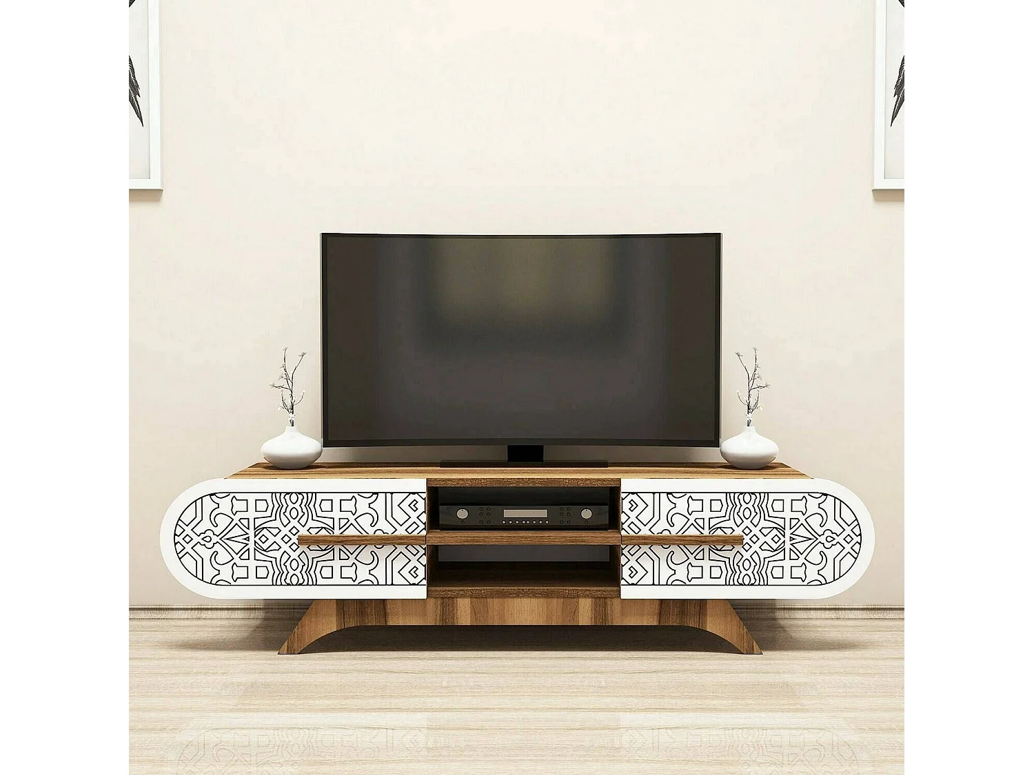 Meuble TV Alud, Buffet de salon, Armoire basse pour TV, Base murale de rangement, 145x37h37 cm, Noyer et Blanc