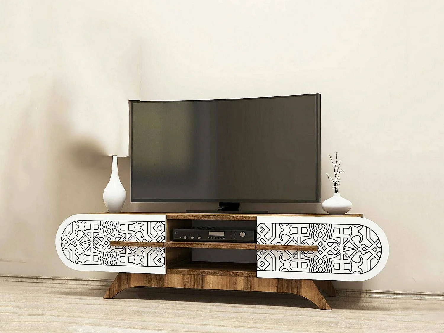 Meuble TV Alud, Buffet de salon, Armoire basse pour TV, Base murale de rangement, 145x37h37 cm, Noyer et Blanc