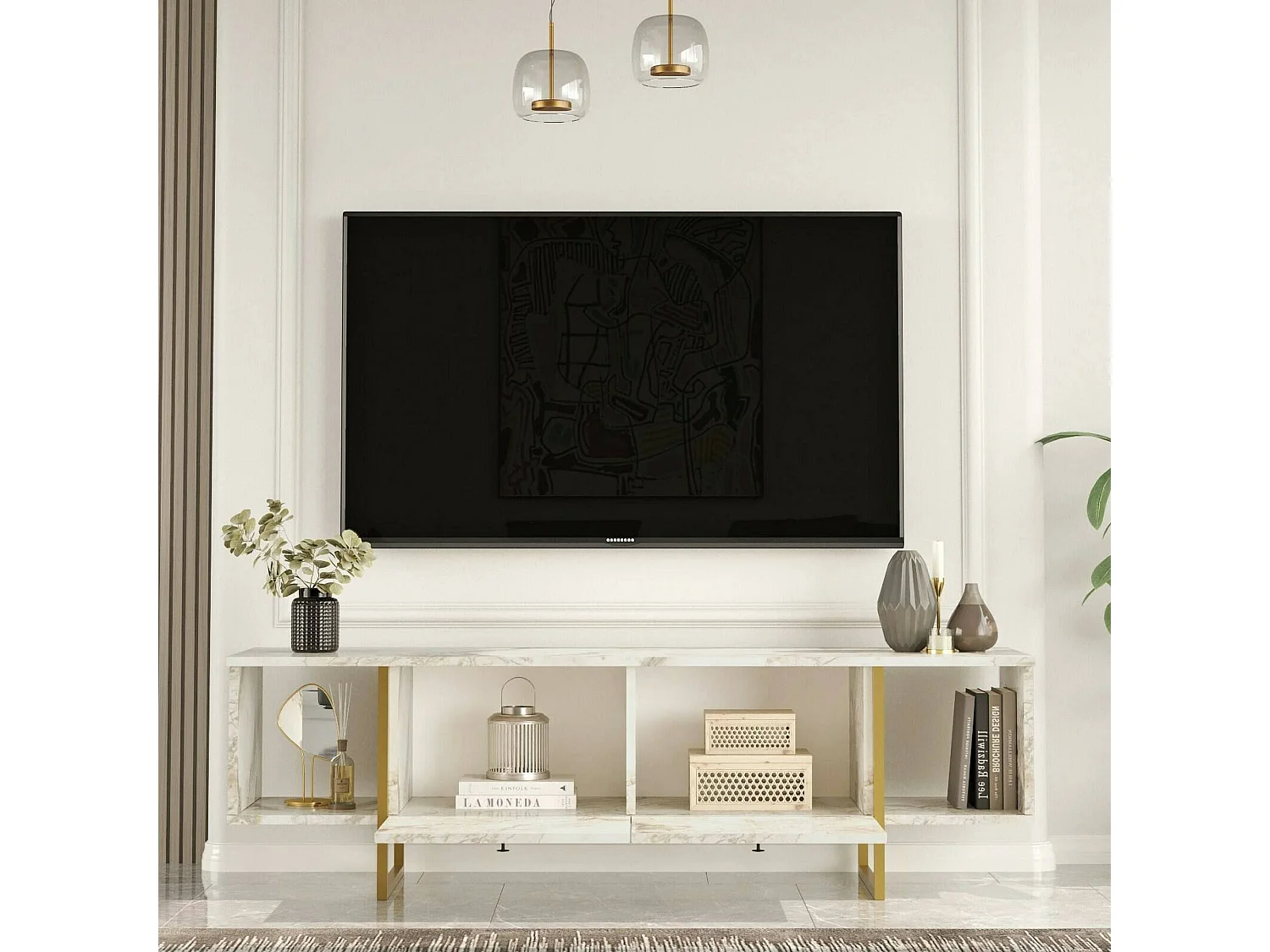 TV-standaard DFlorian, woonkamermeubel, lage tv-meubel, wandstandaard, 160x40h48 cm, wit en goud