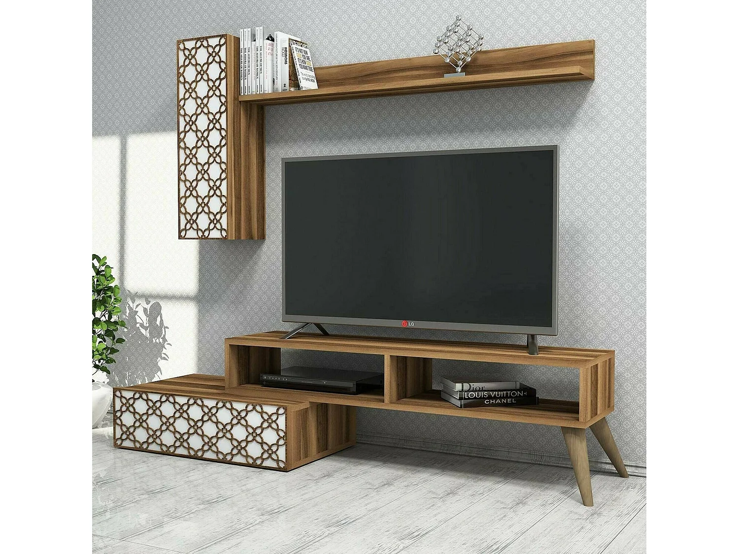 Dpinard-wand, woonkamer, multifunctionele woonkamermeubel, tv-meubel, 150x37h38 cm, walnoot en wit