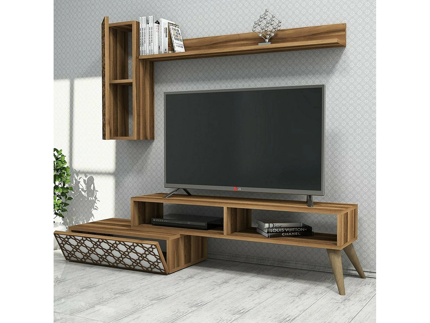 Dpinard-wand, woonkamer, multifunctionele woonkamermeubel, tv-meubel, 150x37h38 cm, walnoot en wit