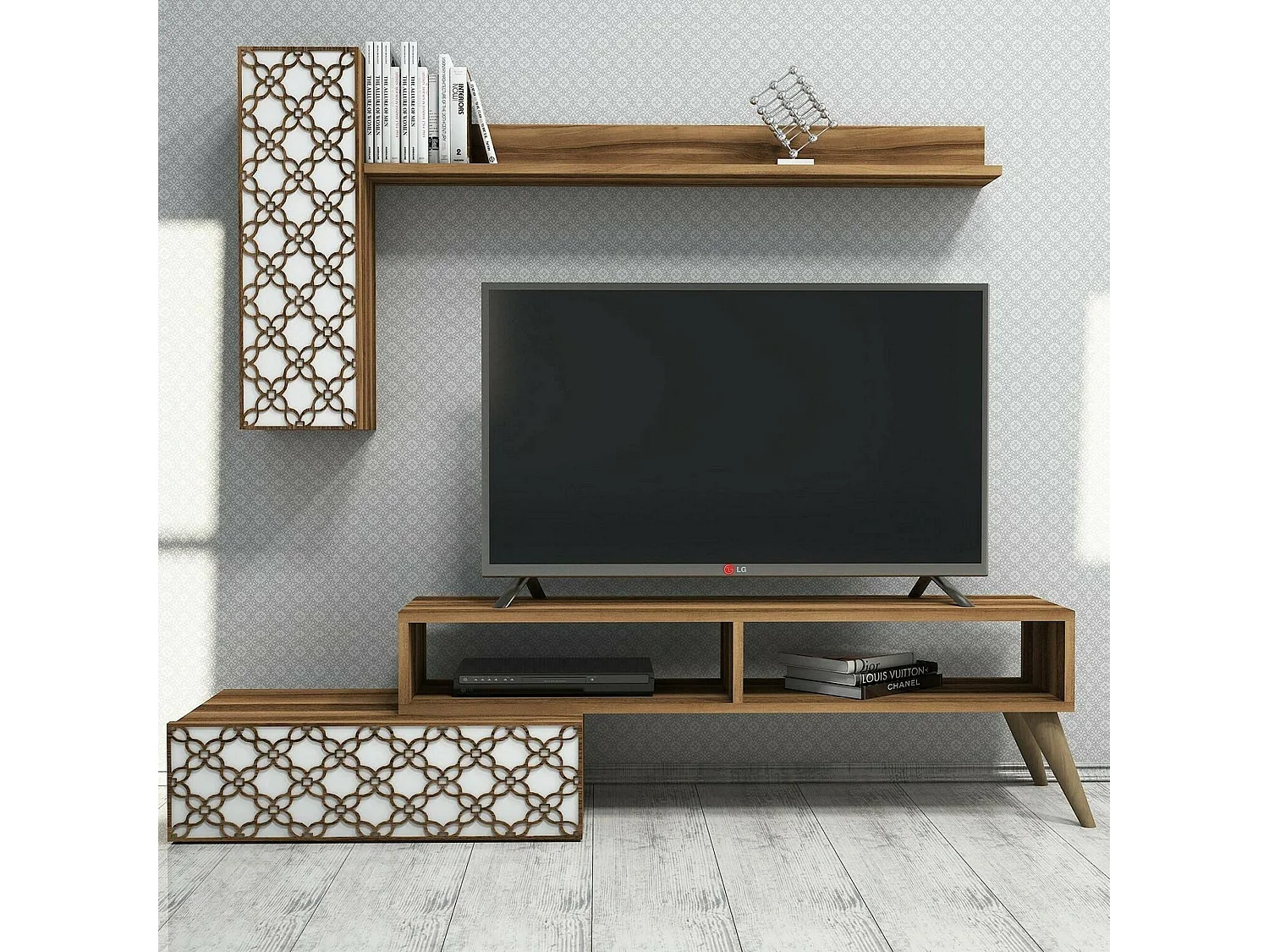 Pared Equipada Dpinard, Composición de la sala de estar, Muebles de salón multiusos, Gabinete de TV, 150x37h38 cm, Nogal y Blanco