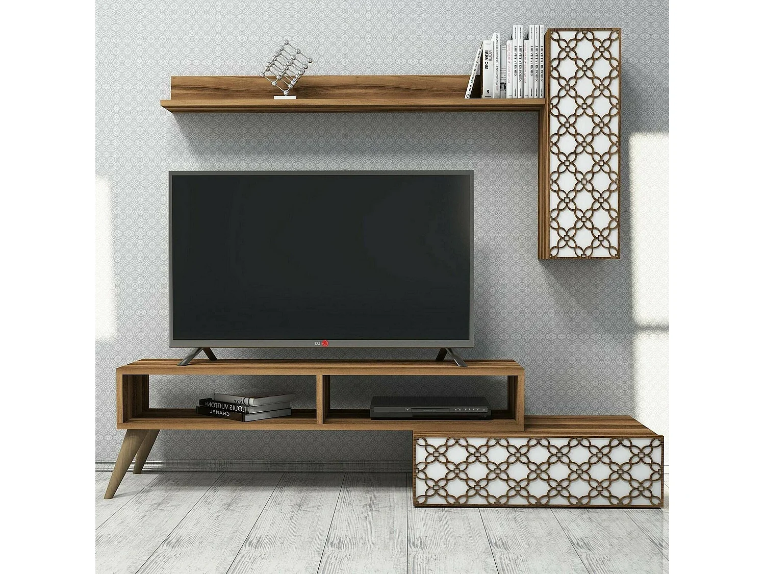 Pared Equipada Dpinard, Composición de la sala de estar, Muebles de salón multiusos, Gabinete de TV, 150x37h38 cm, Nogal y Blanco