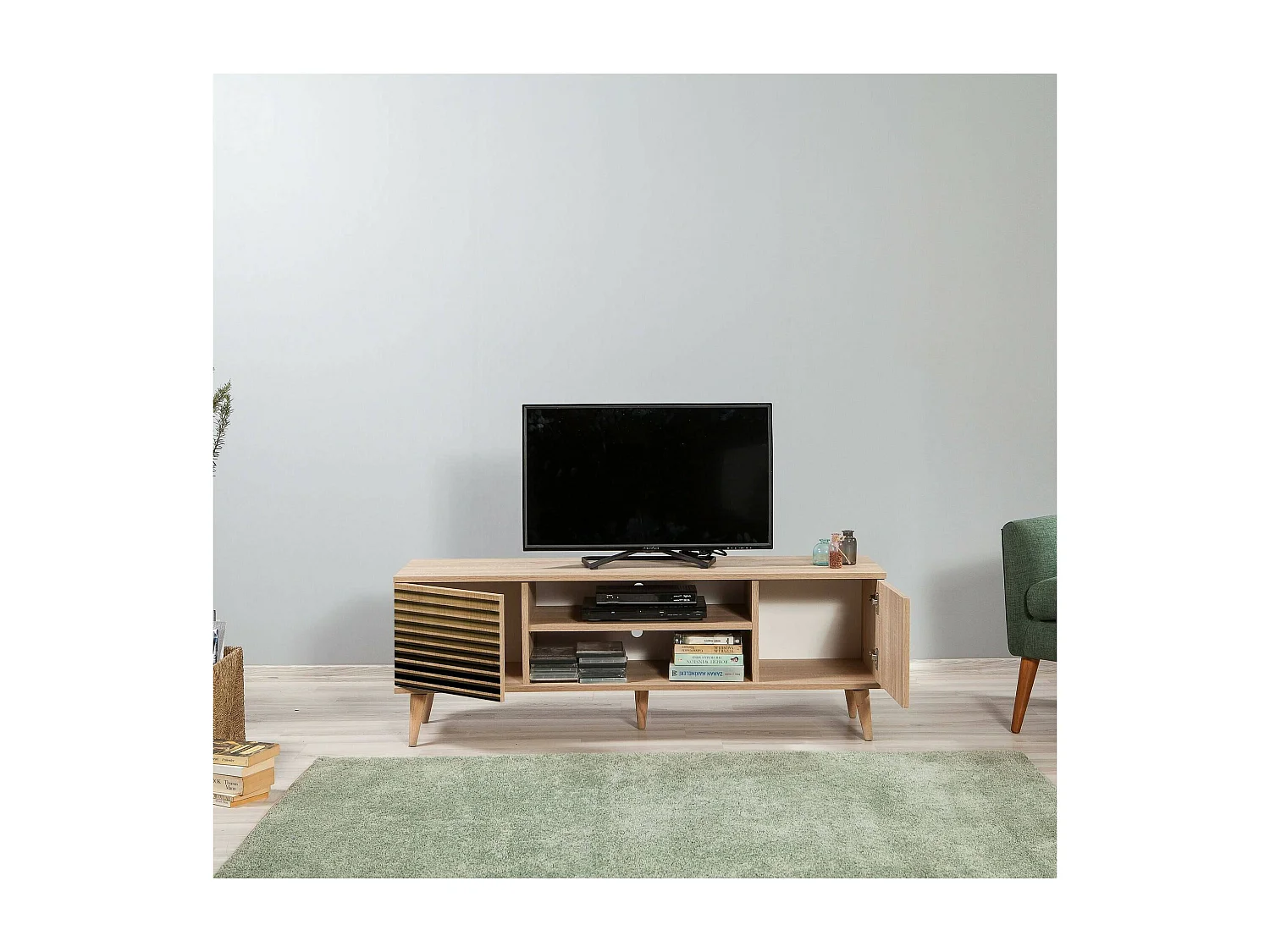 Meuble TV Amalthea, Buffet de salon, Armoire basse pour TV, Base murale de rangement, 140x40h50 cm, Chêne