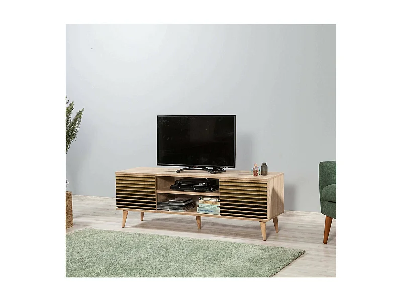 Meuble TV Amalthea, Buffet de salon, Armoire basse pour TV, Base murale de rangement, 140x40h50 cm, Chêne