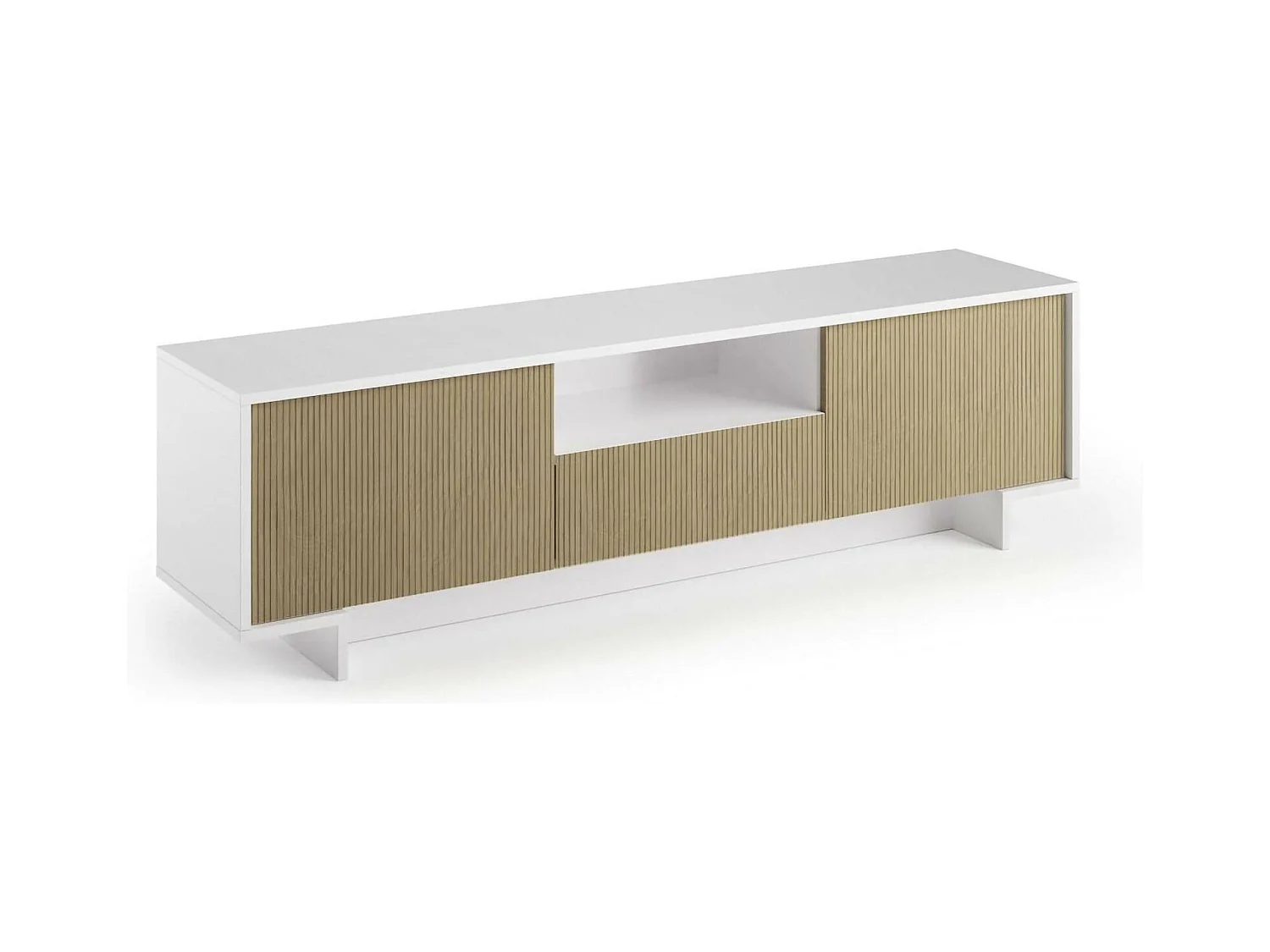 Meuble TV Andromeda, Meuble TV pour salon, Buffet bas de salon avec 2 portes et 1 tiroir, 100% Made in Italy, 170x42h48 cm, Blanc et Beige